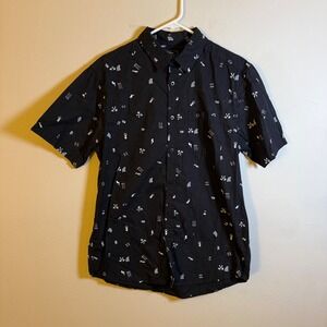Eidon Mens‎ Black Novelty Print Short Sleeve Button Down Surf Shirt Size M